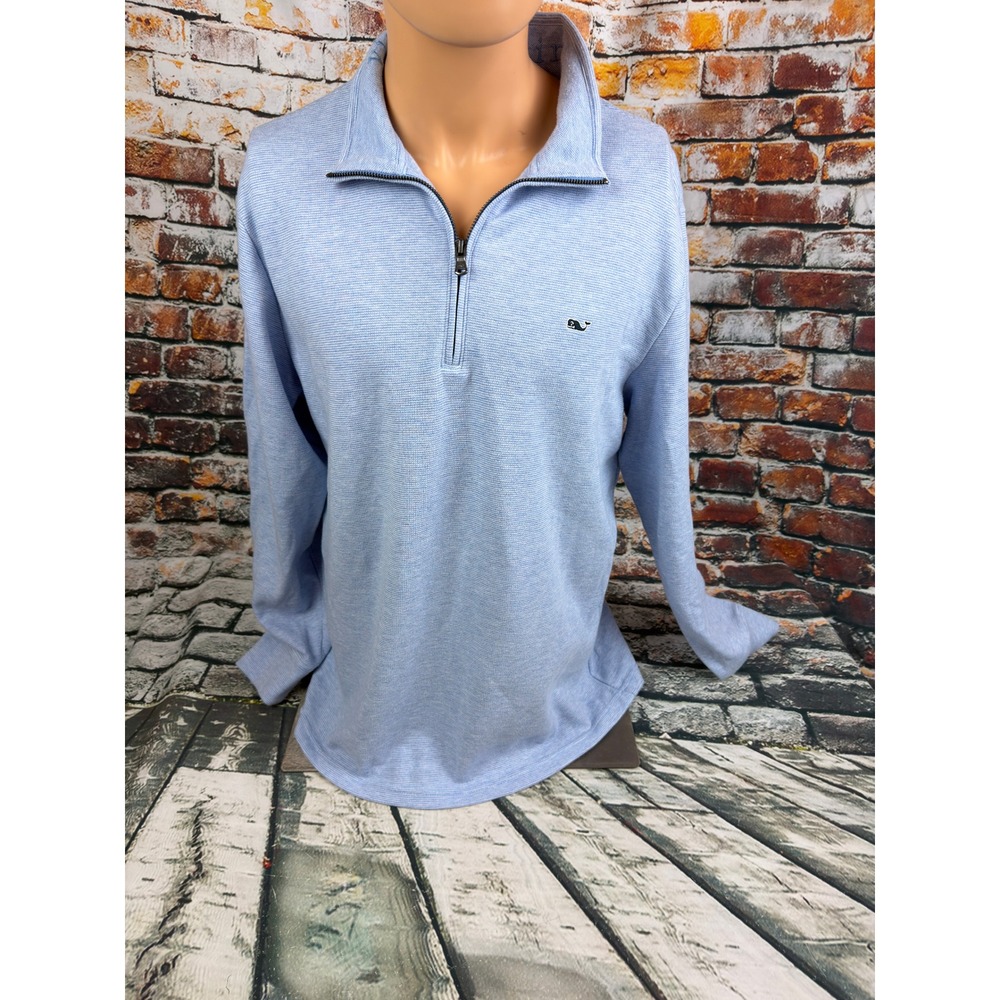 Vineyard Vines Mens Large Blue White Micro Stripe Quarter Zip Pullover Sweater